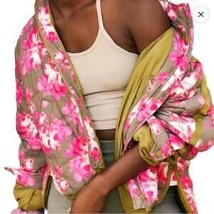 Free People Pink and Green Floral Puffer Jacket